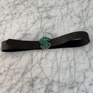 Black Leather Green Dollar Sign Statement Belt